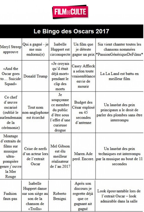 OSCARS 2017: jouez au Bingo des Oscars avec FilmDeCulte !