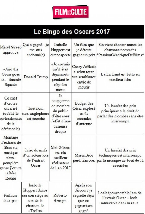 OSCARS 2017: jouez au Bingo des Oscars avec FilmDeCulte !